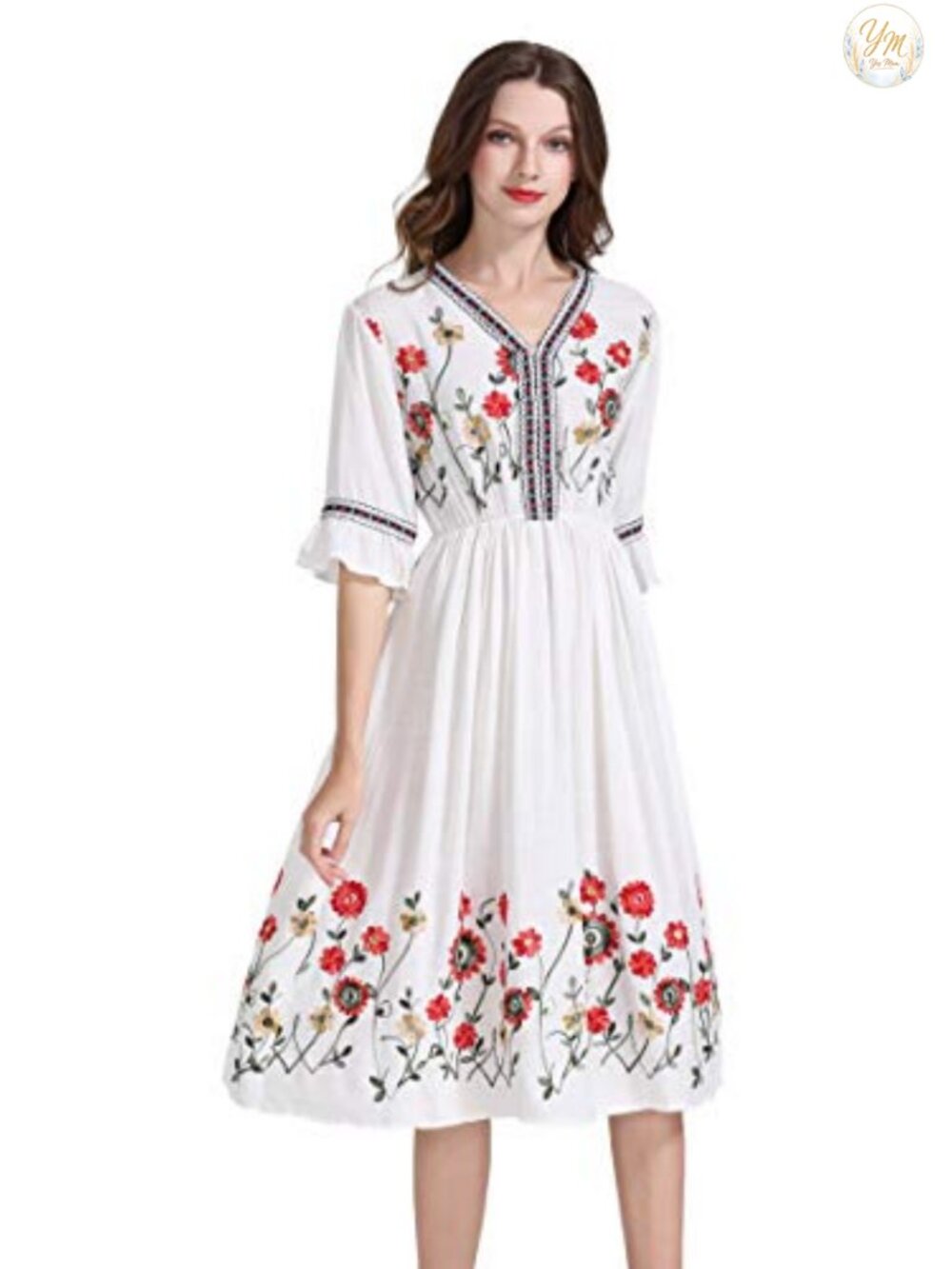 Shineflow Women's Mexican Embroidered Floral Pleated Midi A-line Cocktail Dress